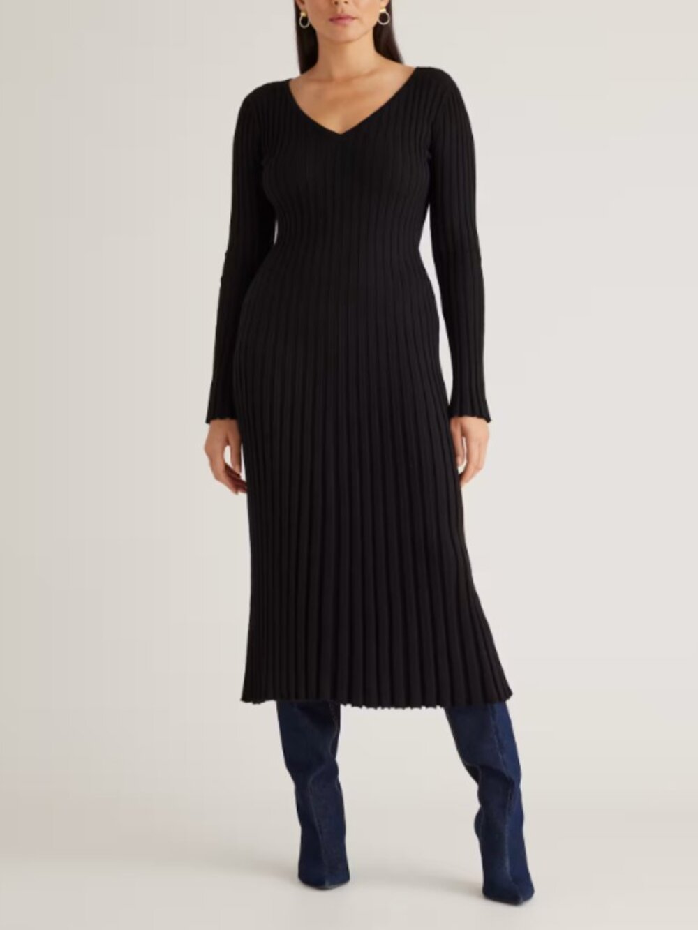 Quince Cotton Cashmere Ribbed Long Sleeve V-Neck Midi Dress - S